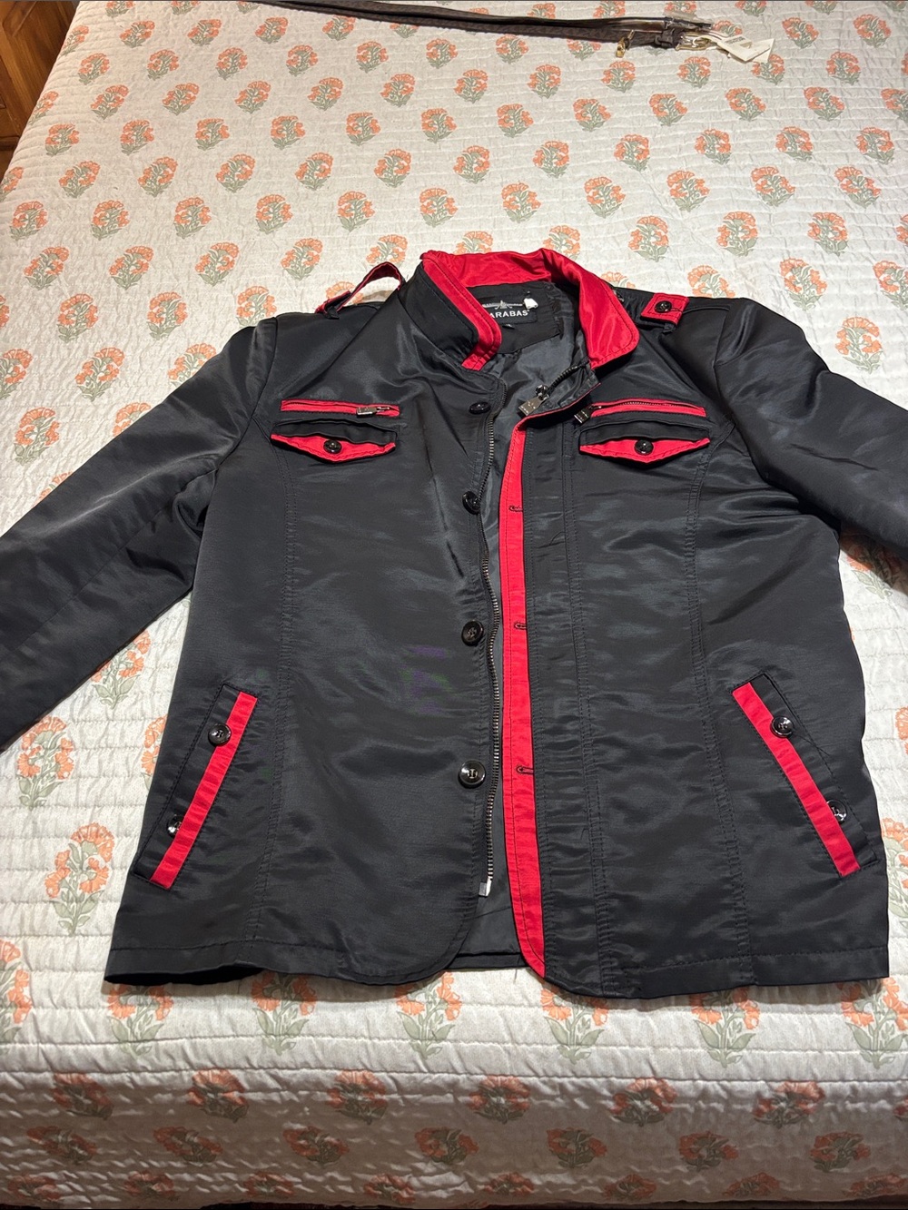 Men's Black Jacket with Red Trim - Casual Military Style